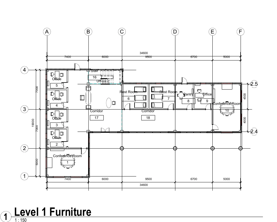 Furnished floor plan from the office building drawing set