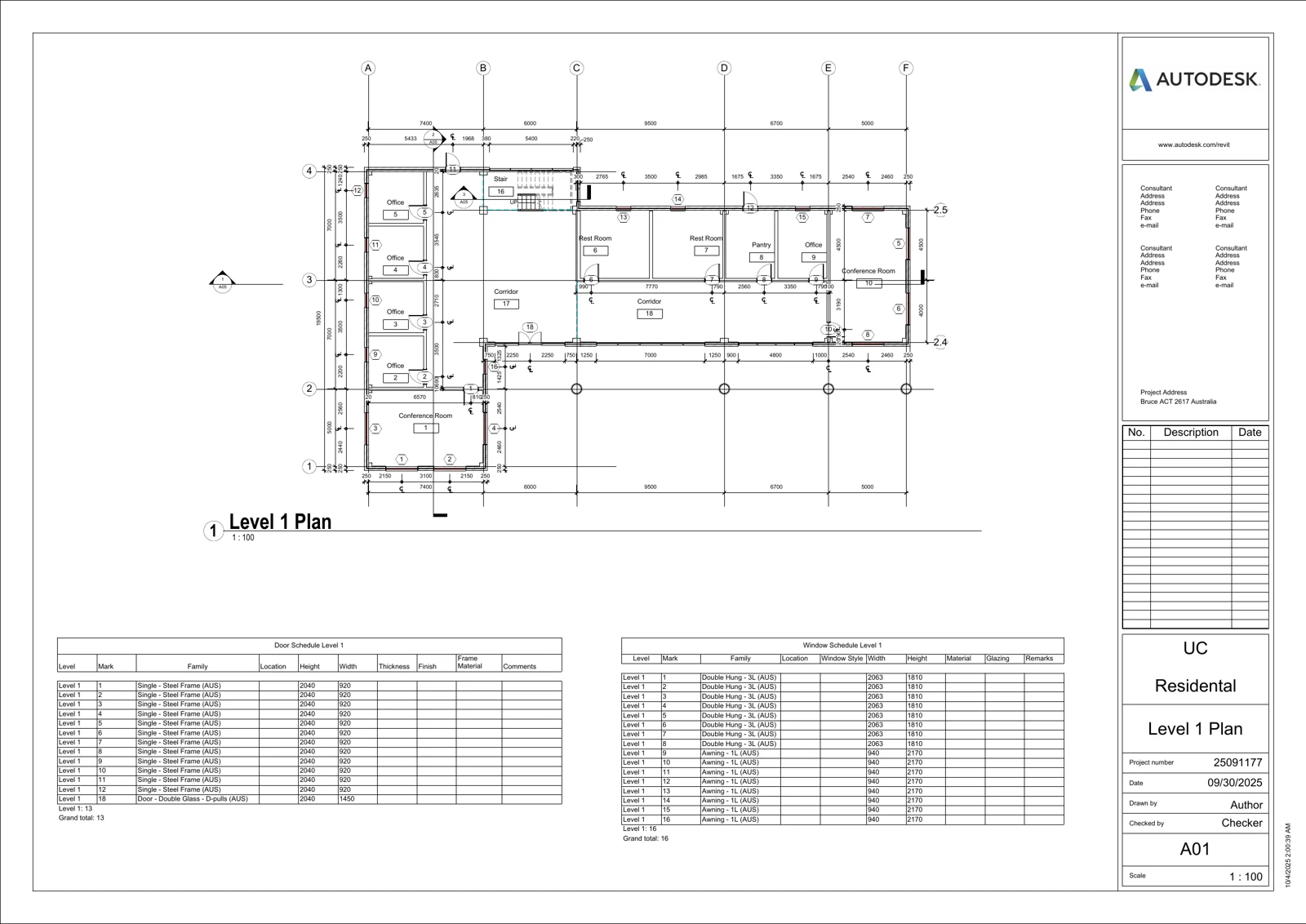 Drawing sheet showing a floor plan and schedules from the office building example